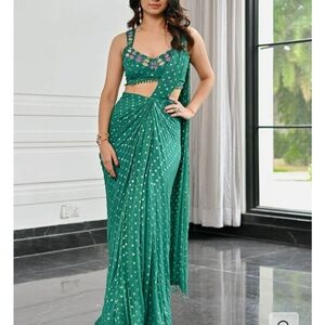 Green Pre Pleated Embroidered Saree